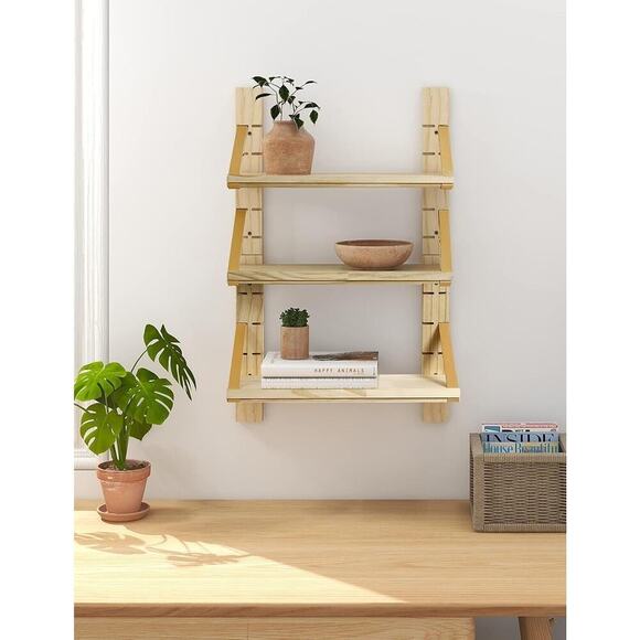 Gronda Adjustable Leather Strap Floating Wall Shelves, 3 Tier Boho Modern Storag - Picture 2 of 5